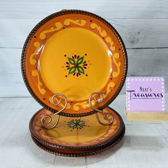 Celebrating Home TUSCAN Orange Red Yellow Rope Trim Stoneware Dinner Plate Set 3 - Picture 1 of 16